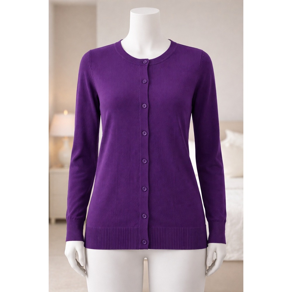 D&Co Essentials Purple Button Front Cardigan Sweater XXS Long Sleeve‎ Crew Neck